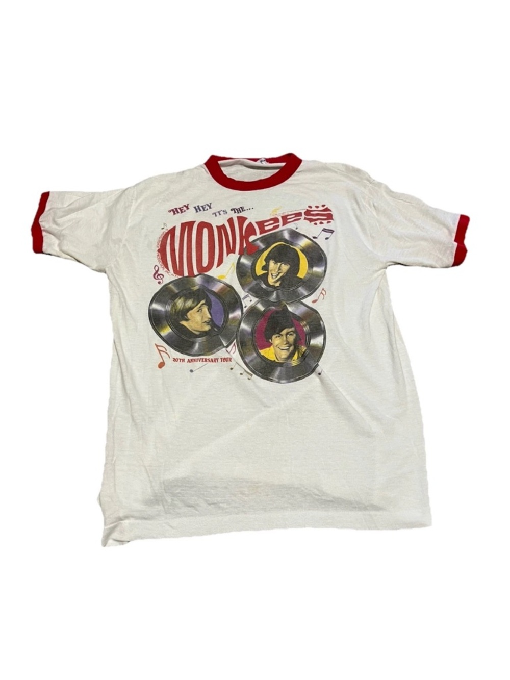 1986 The Monkees Band Tee Ringer Size XL White Vintage Rock Band Tee World Tour
